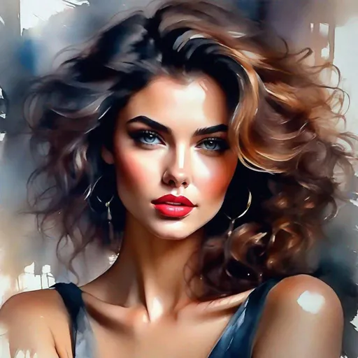 Prompt: Wonderful woman, fantastic face, perfect eyes, The Passionate female Poet, Emotional Expression, Intense, expressive eyes and animated facial expressions, Clothing Type and Textures, Rich, velvety fabrics with deep, dramatic colors;  Warm tones with flushed cheeks, reflecting the intensity of emotion, Body Proportions, Medium build, Hair Tousled, messy curls with a Dynamic Poses,  Watercolor, trending on artstation, sharp focus, studio photo, intricate details, highly detailed, by Josephine Wall and Jasmine Becket-Griffith