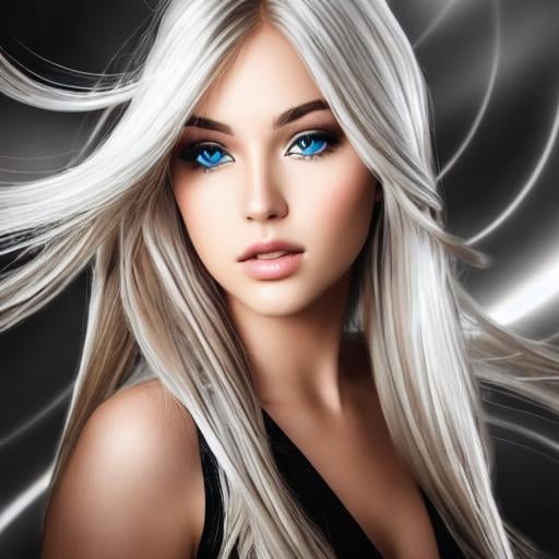 Prompt: Young female, defined facial features, beautiful eyes,  GOLDEN hair with silver highlights balayage, defined and well structured.  high-heeled shoes,  Whole photographic plan |  digital illustration, extreme detail, digital art,  photography,
