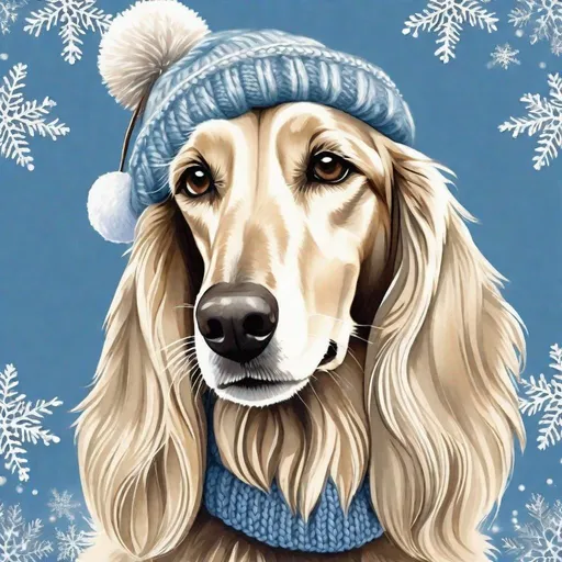 Prompt: Illustration of a light and dark cream Saluki dog wearing a silver blue knitted hat with a large pom pom on top - Christmas background Art by Cicely Mary Barker 