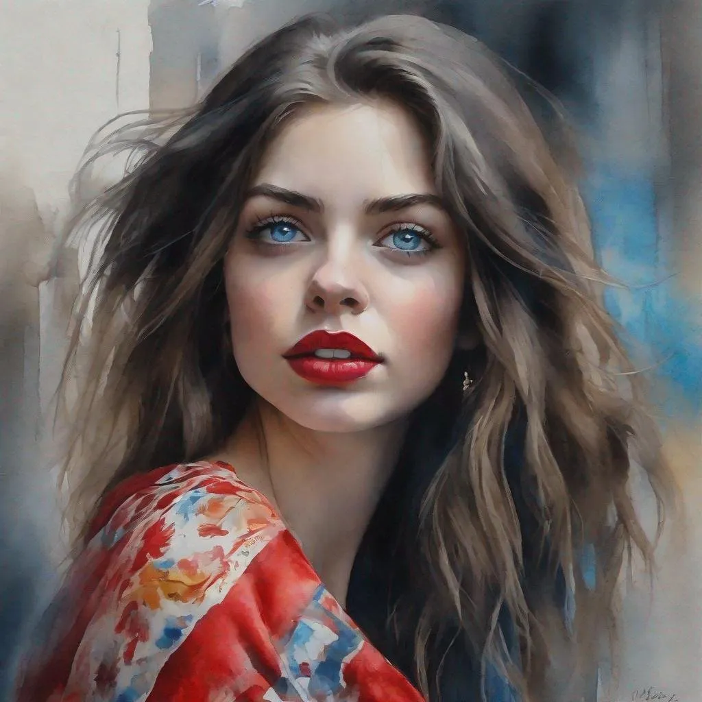 Prompt:  sitting in the middle of the street, of a beautiful young woman, blue slanted eyes with large eyelashes, wavy dark hair, red lipstick, boho sytle dress, silk scarf on his neck, perfect face, shine, realistic, best image quality, oil painting, vivid colors, gray background., Watercolor, trending on artstation, sharp focus, studio photo, intricate details, highly detailed, by Josephine Wall and Jasmine Becket-Griffith