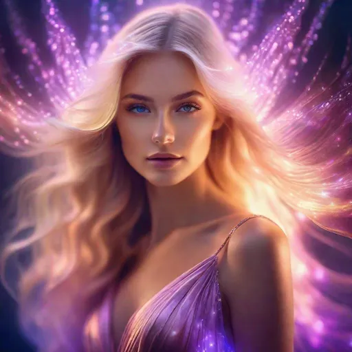 Prompt: Kirlian effect, an electromagnetic field around a [portrait of a blonde girl, flowing hair in a silk dress.], captured by a Fujifilm GFX 50R, vibrant illustrations, 32k uhd, subtle gradients, fairytale illustrations, bokeh, dreamy glow, ethereal lighting. in the style of Anna Dittmann