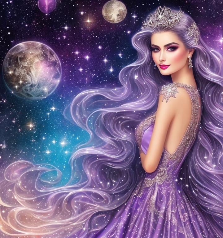 Prompt: a drawing of a woman in a purple dress with stars on it, magical dress, wearing a dress made of stars, fantasy dress, wearing a magnificent dress, extravagant dress, dressed beautiful gown, detailed fashion illustration, wearing fantasy formal clothing, detailed dress and face, beautiful drawing style, blonde girl in a cosmic dress, intricate fantasy dress, intricate gown