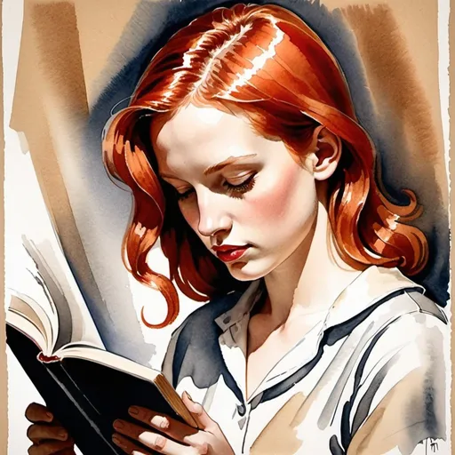 Prompt: portrait of a red-haired girl reading. Ink wash painting. colorful ink flow. Old parchment paper. paper texture. Cross-hatching art by Tamara de Lempicka 