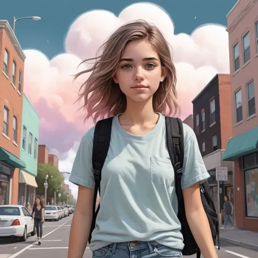 Prompt: digital illustration; A cute teenage girl with brown eyes, three-tone dyed hair, wears a casual shirt over faded jeans and tennis shoes and a black backpack. walking down a busy street in a random city Pastel cloud background in the style of Molly Harrison
