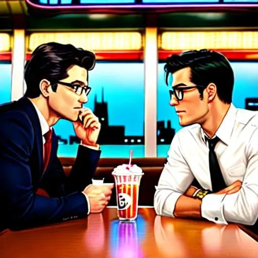Prompt: "batman and clark kent sitting at the same table, in a diner, having a milkshake"