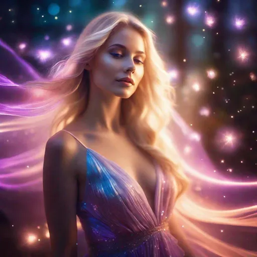 Prompt: Kirlian effect, an electromagnetic field around a [portrait of a blonde girl, flowing hair in a silk dress.], captured by a Fujifilm GFX 50R, vibrant illustrations, 32k uhd, subtle gradients, fairytale illustrations, bokeh, dreamy glow, ethereal lighting. in the style of Anna Dittmann