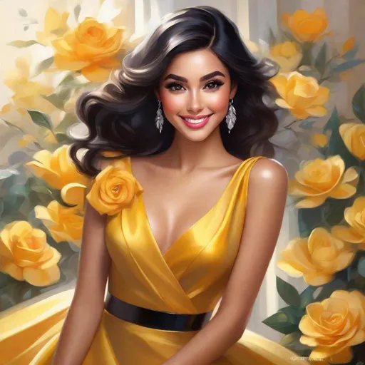 Prompt:  very beautiful 25 year old girl, wearing a cocktail dress colored  topaz yellow  , black hair,  Light brown skin, big eyes beautifully made up, small nose, pale red lips and a beautiful smile of full happiness. Heeled shoes to match the dress art by Artgerm