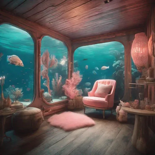 Prompt: A cozy underwater cabin in a romantic, vintage setting with aquatic elements, capturing the mood of The Shape of Water, featuring coral pink 