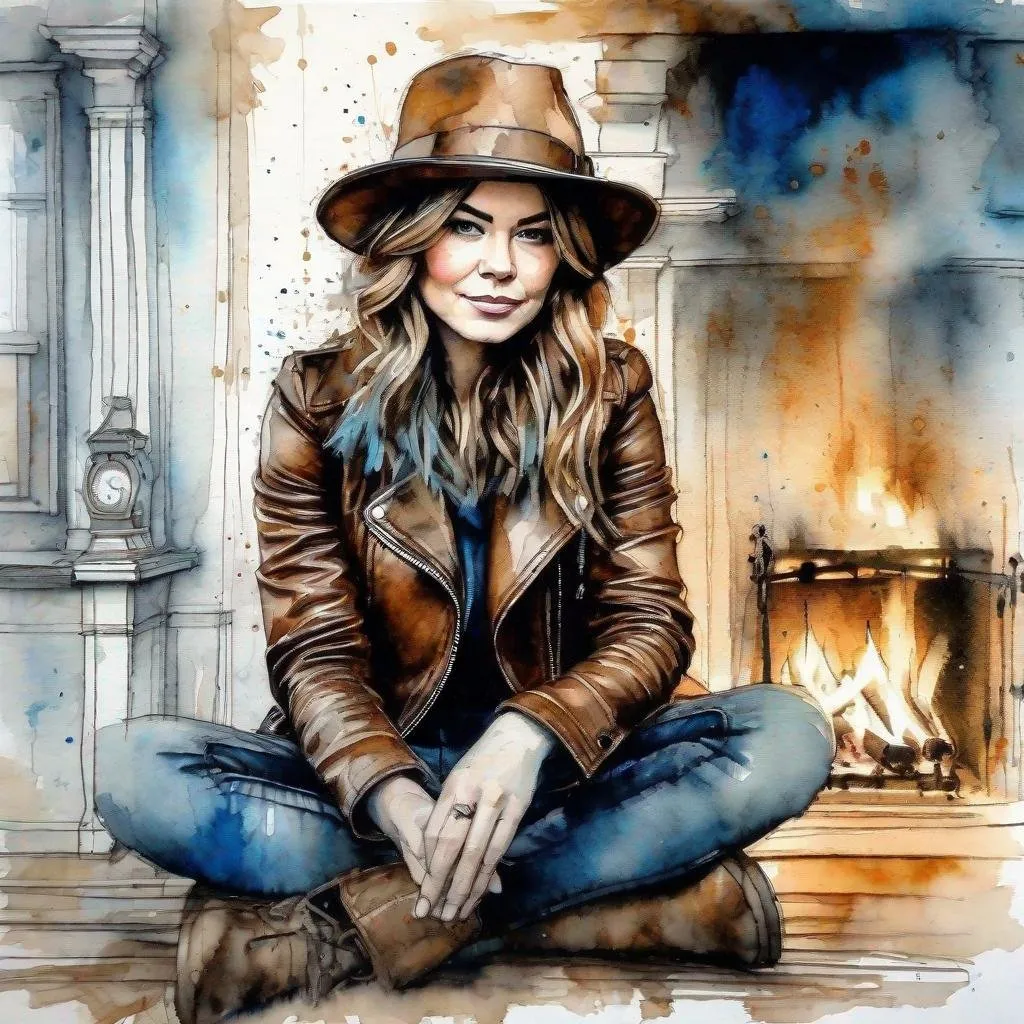 Prompt: Beautiful girl in brown leather jacket and woven hat of the blue-gray lor 3/4 face sitting in front of a fireplace at Christmas line ink and watercolor by , Carne Griffiths, Mab Graves Stylized splash art, Intricate, Complex contrast, HDR, Sharp, soft Cinematic Volumetric lighting, complimentary blended colors, wide long shot, perfect masterpiece".