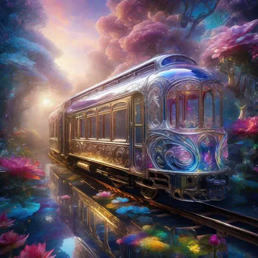 Prompt: dreamscape a fully transparent Majestic glass tiny_train, award winning, concept design, polycarbonate, visible aquatic internals art by lisa frank and karol bak and Kirsty Mitchell . surreal, ethereal, dreamy, mysterious, fantasy, highly detailed, perfect composition, glorious background