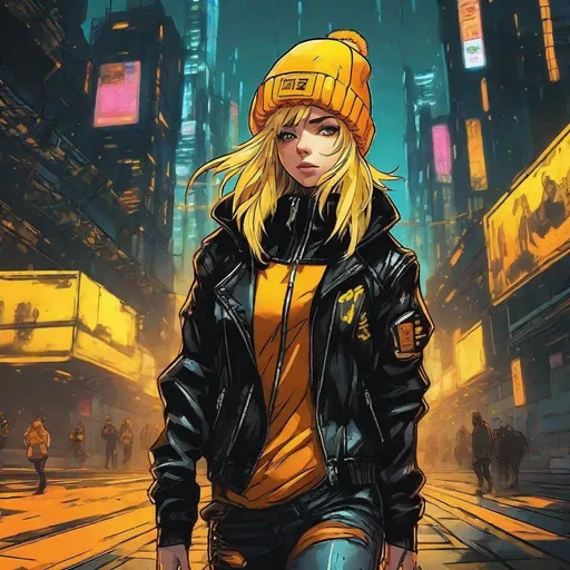 Prompt: A blonde Girl wearing a black leather jacket with her hands inside the jacket. She is wearing a yellow-orange beanie. She is walking in a cyberpunk city., vibrant, illustration, anime