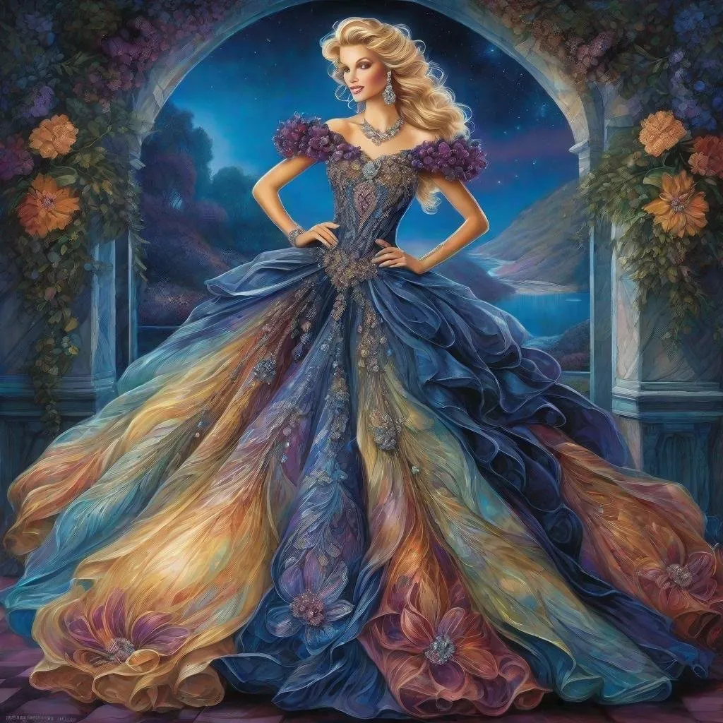 Prompt: fashion design  tanned blonde in off-shoulder iridescent dark blue and dark blackberry multi-color floral ball gowns with diamonds, floor length, matching jewelry including necklace  Style art by Josephine Wall 