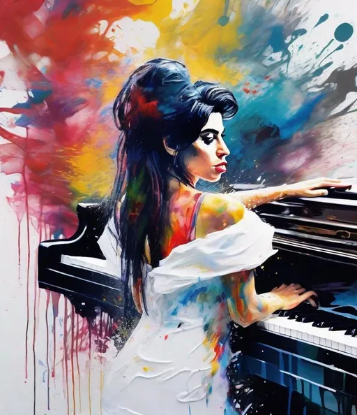 Prompt: A closeup of  Amy Winehousein a white litmus dress playing a piano, Pianist  Water Painting, Beautiful digital artwork, art Agnes Cecile,  and Emily Carr full of colors and rich details,  academic art expressionism pop art splash art