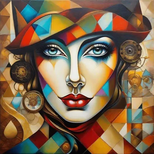 Prompt: Steampunk harlequin Surreal Patchwork of a Woman, with big colorful eyes, by Meghan Duncanson and Jennifer Lommers and Didier Lourenço surrealism Salvador Dali surrealism Salvador Dali matte background melting oil on canvas