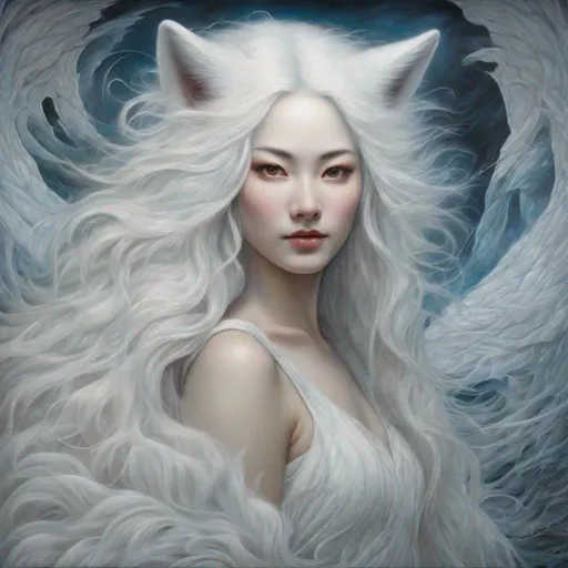 Prompt: Full length oil painting of a beautiful woman as a translucent spirit of the arctic fox| detailed face|
white dress straight white hair mythical| elegant|
hyperrealism| very detailed| intricate detailed|
volumetric lighting | Ukiyo-E| by Anne Stokes and
Noriyoshi Ohrai
