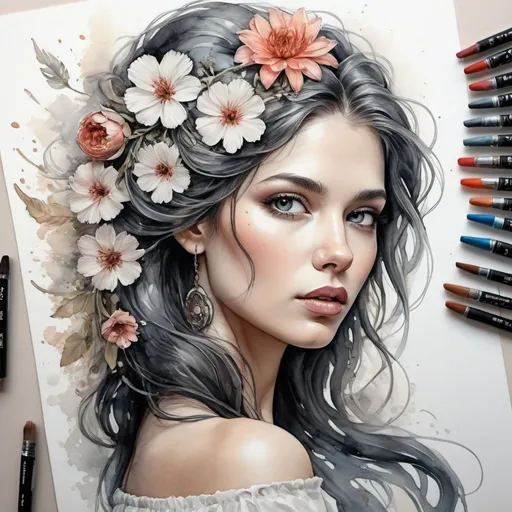 Prompt: Dibujo en tinta alcohólica con alto detalle de una mujer con flores tejidas en su cabello largo, estilo de pintura karol bak uhd, hermoso retrato artístico de fantasía, goteo, pluma y tinta, acuarela, 8K