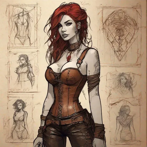 Prompt: Sketchbook Style, Sketch book, hand drawn, dark, gritty, realistic sketch, Rough sketch, mix of bold dark lines and loose lines, bold lines, on paper, turnaround character sheet, a stunningly beautiful Amazon Woman, slim body, leather and lace corset, brown red floating hair, bangs, Full body, arcane symbols, runes, dark theme, Perfect composition golden ratio, masterpiece, best quality, 4k, sharp focus. Better hand, perfect anatomy. by With Design In Mind