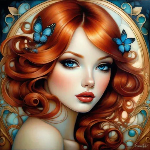 Prompt: Hyperdetailed, fairytale, [Jeremiah Ketner, Brian M. Viveros, Esao Andrews, Margaret Keane], close-up, mysterious gorgeous girl, perfect harmonious facial features, double exposure, redhead, plump lips, perfect hands, dainty, delicate, dreamlike, dynamic pose,  manoir, swirls, perfect composition 