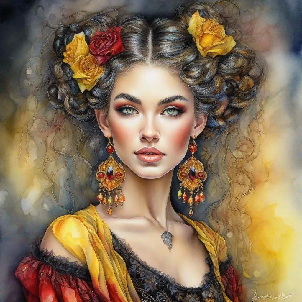 Prompt: beautiful woman, hair pinned up, yellow red black dress, earrings, Watercolor, trending on artstation, sharp focus, studio photo, intricate details, highly detailed, by  Josephine Wall and Jasmine Becket-Griffith