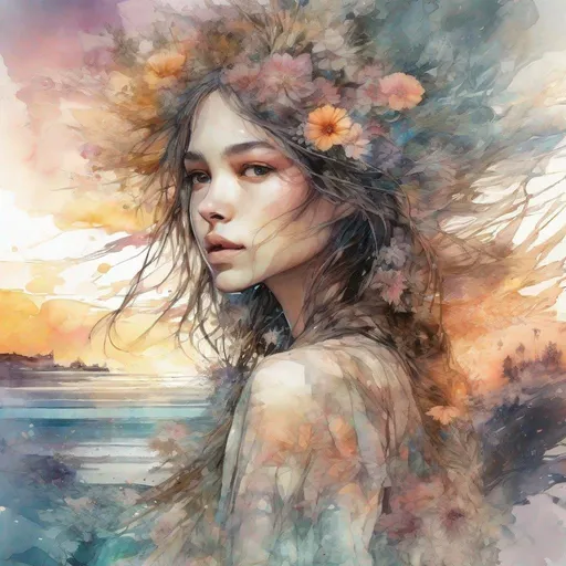 Prompt: Digital watercolor Illustration of a summerscape sunset, by Waterhouse, Carne Griffiths, Minjae Lee, Ana Paula Hoppe, Stylized watercolor art, Intricate, Complex contrast, HDR, Sharp, soft Cinematic Volumetric lighting, flowery pastel colours, wide long shot, perfect masterpiece