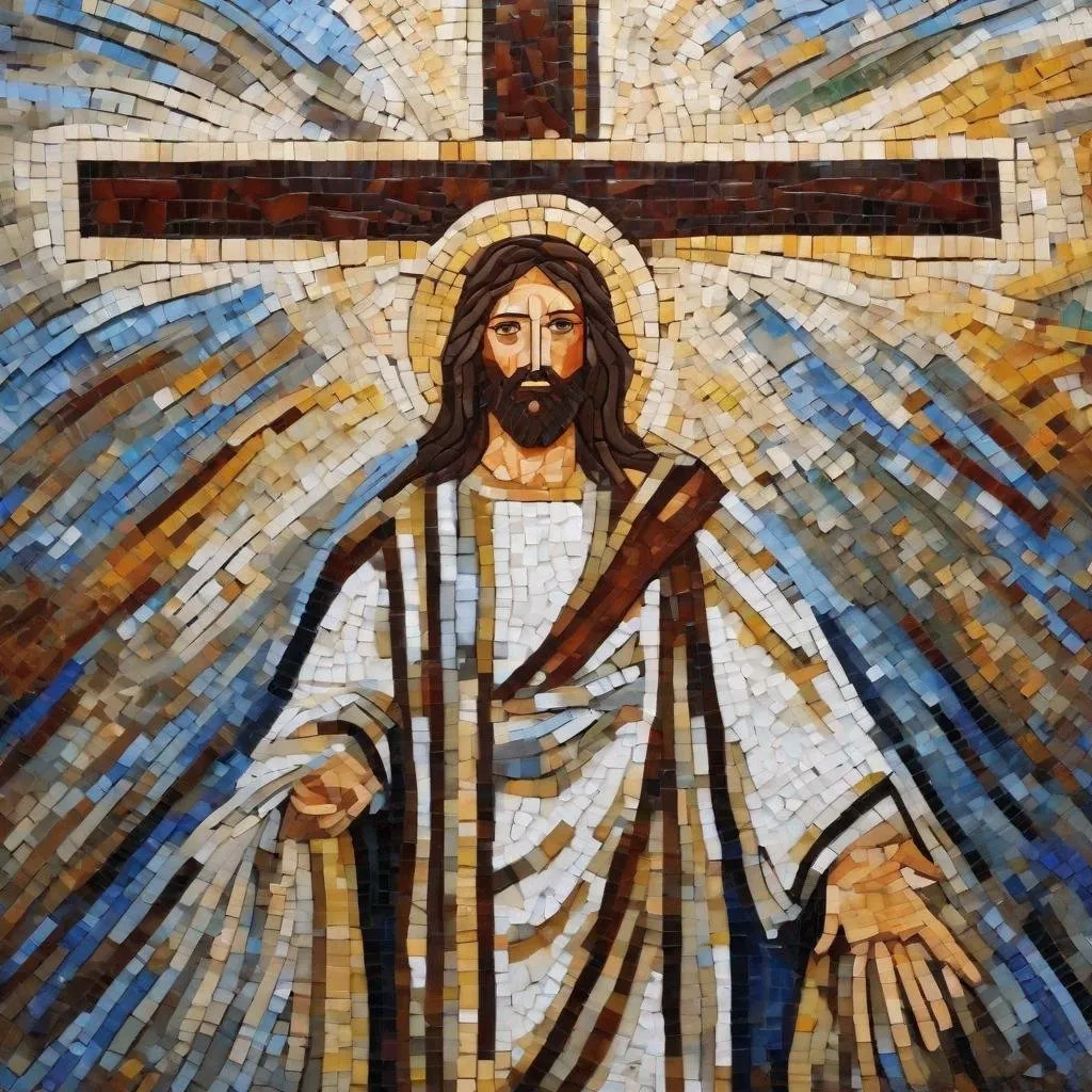 Prompt: Jesus The Christ: Daughter, Let me hug you in the middle of the storm. Let me comfort you in the midst of sadness. Let me be your friend in the midst of loneliness. Let me carry your cross when you feel like you can't take it anymore intricate, in the style of mosaic- art, mosaic, mosaic tiles, energetic and bold, neo-mosaic, inspired by Antoni Gaudi,