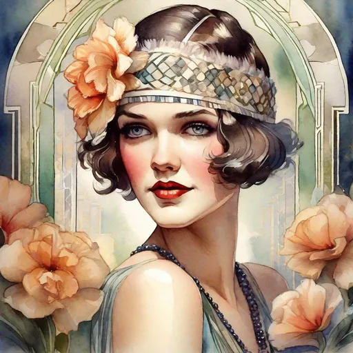 Prompt: art-deco-flapper-lady-wonderful-girl-fantastic-face-caucasian-flowers-in-hair, Watercolor, trending on artstation, sharp focus, studio photo, intricate details, highly detailed, by greg rutkowski