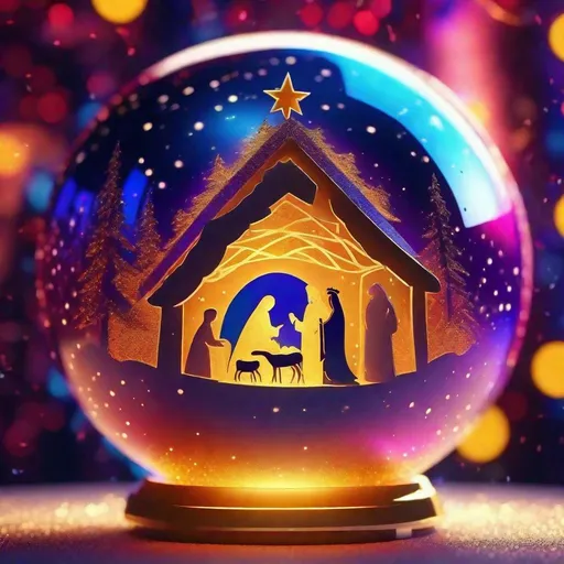 Prompt: An illustration of a Christmas sphere with the nativity scene inside  dynamic lighting  enchant vivid and vibrant colors,magical lighting and glitter in the background, 32K, 4K very magical and realistic , anime, cinematic, poster, 3d render, photo, fashion