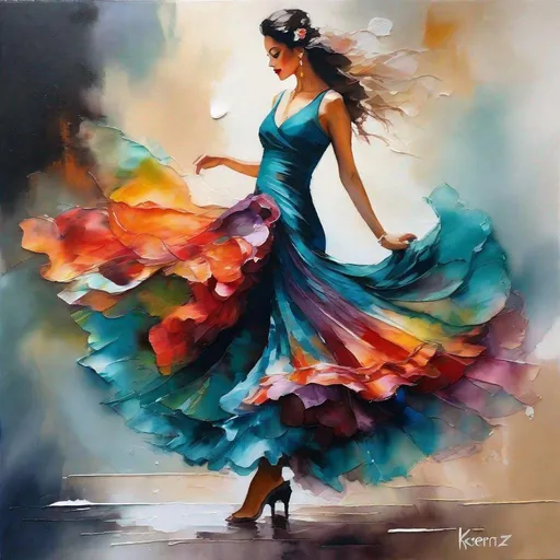 Prompt: Flamenco Dancing
fantasy oil painting, watercolor silk chiffon layered dress Using the pasted brushstroke cool colors art by Krenz Cushart