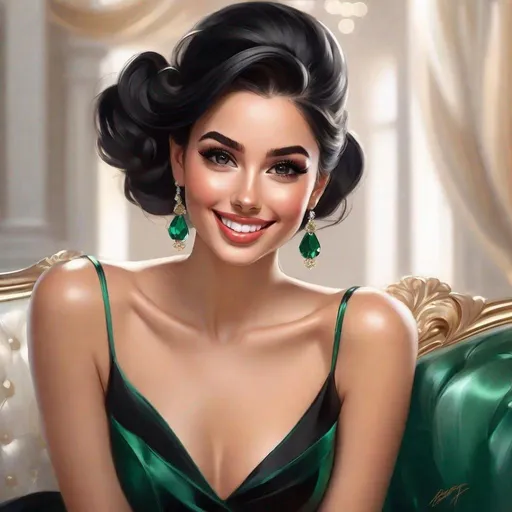 Prompt:  very beautiful 25 year old girl, wearing a cocktail dress colored esmerald green , black hair, gathered in a bun, with some loose hair that frame her face. Light brown skin, big eyes beautifully made up, small nose, pale red lips and a beautiful smile of full happiness. Heeled shoes to match the dress art by Artgerm