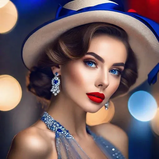 Prompt: Photo from Hollywood End of the 50's Perfect eyes, detailed eyes, bright red lips, front face, frontal look, full pose, fantastic face, beautiful look, detailed elegant dress, royal blue color  formal dress, elegant hair up, cute little hat, blurred gray tones background, ultra focus, illuminated face, detailed face, 8k resolution, artstation trend, 8k art photography, photorealistic concept art, smooth and perfect natural volumetric cinematic light, realistic and vivid colors, highly detailed,  Style art by Amy Brown,

