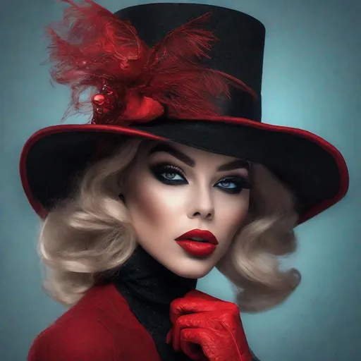 Prompt: a woman wearing a black hat and red gloves, fantastic details full face, photoreal elegant, 🎀 🧟 🍓 🧚, top rated, amazing blend effect, some red, woman posing, drag queen, red and cyan, extreme details perfect face, !face, monochromatic red, large full lips, stunning ski, stylized