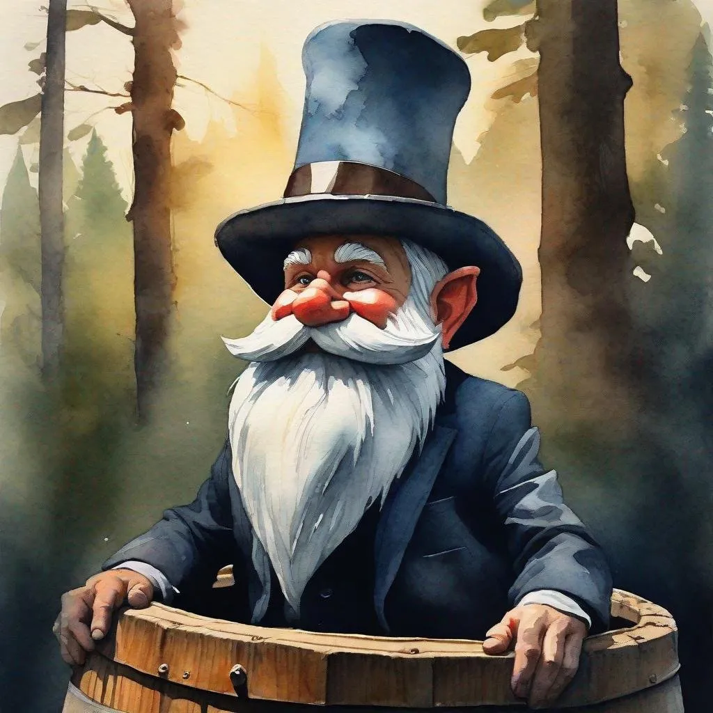 Prompt: A gnome in a suit and fedora with a stylish mustache sitting on a barrel looking to the right. watercolor painting, matte painting, deep color, dark shadows, gouache, brush strokes, natural lighting, alena aenami, beautiful, detailed, ivan shishkin"