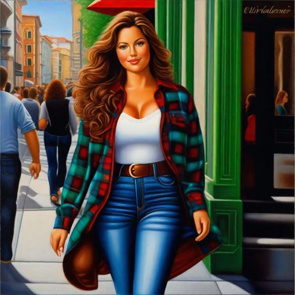 Prompt: realistic painting (1) girl (Botero style) with tanned skin, long brown hair with reddish highlights and soft curls, beautiful green eyes, wearing a flannel and tight blue jeans, low-heeled open shoes, she wears store belts while walking happy for the city. ((((ultra detailed, photorealistic, ultrarealistic, 32K, 18K, digital graphics, HD, HDR, UHDR ))))