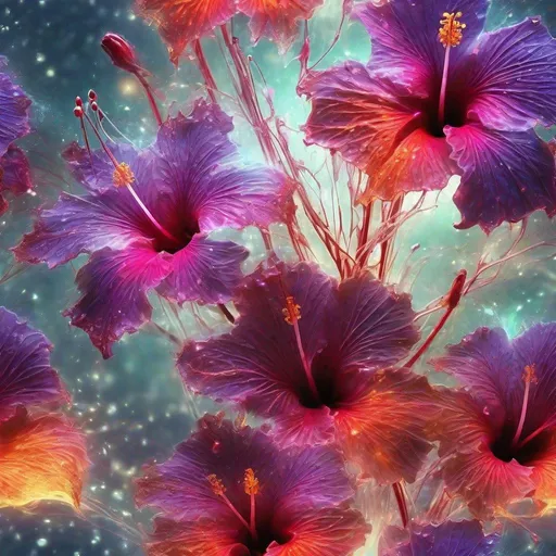 Prompt: Surreal glowing magical plants (Hibiscus ) shooting ghostly flames out of them. Insanely detailed, abstract magical fantasy, dew drops, cosmic, irridescent, bioluminescent glow, sparkles, Tim Burton Carne Griffiths, high detail complexity, splash screen, 64 megapixels, HDR, CGSociety, fantasy photography