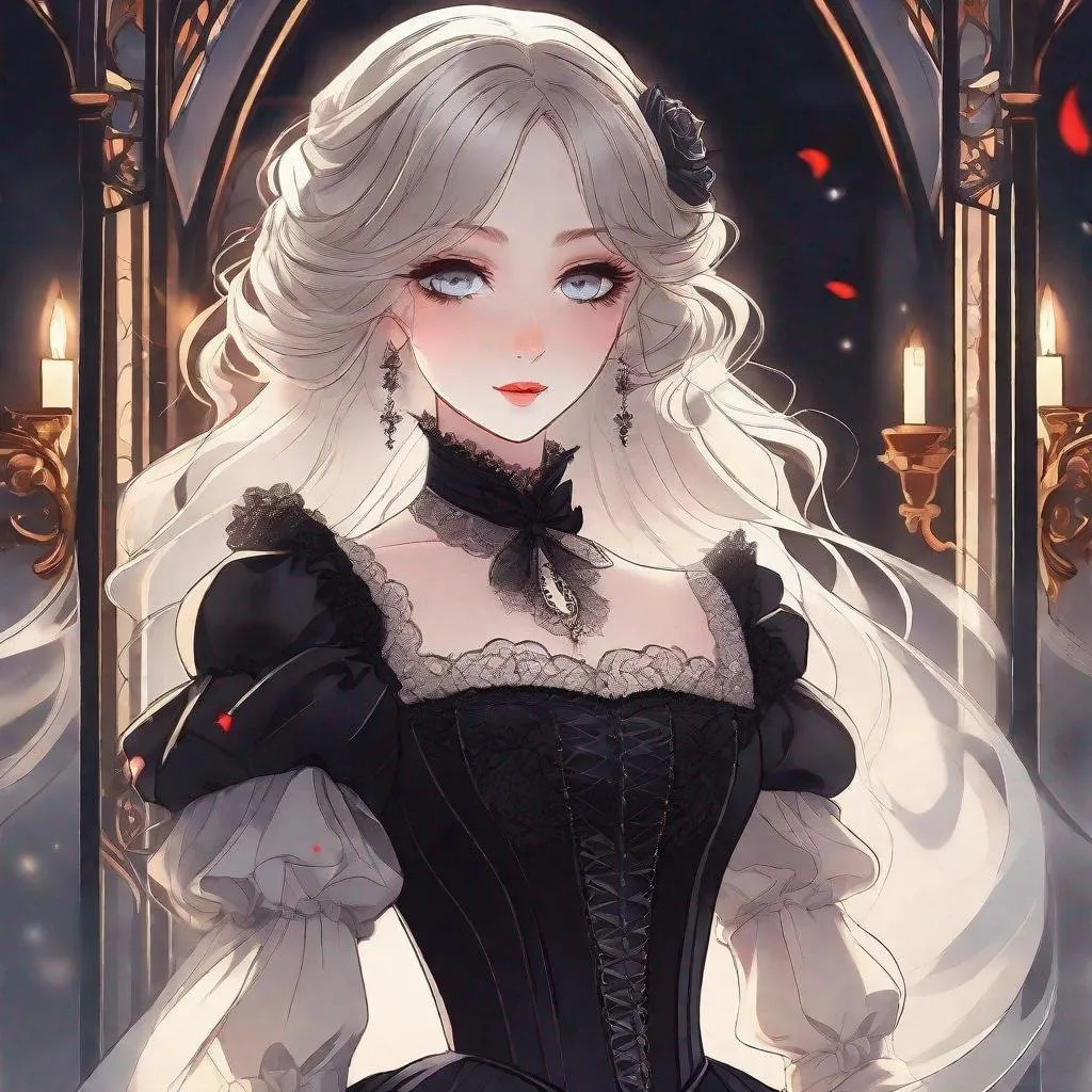 Prompt: ultra detailed illustration in anime style of a gorgeous vampire woman with (((iridiscent eyes))), (((extremely pale skin))), gothic victorian dress, blood on her lips running to her chin, depth of field, bokeh effect, backlit, stylish, elegant, breathtaking, visually rich, flat lights, flat colors, cel shading, art by best anime studios, by MSchiffer, 32k resolution, best quality, ink lines,