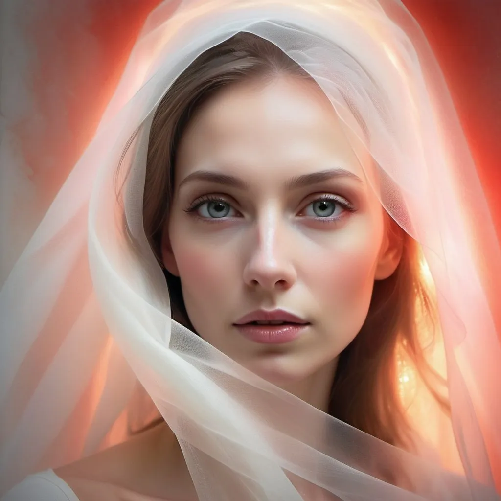 Prompt: Beautiful woman, a translucent veil partially obscuring the silhouette of a woman's face illuminated by a light red glow halo with a woman's face subtly shown, soft colors, digital painting volumetric lighting effects, white porcelain background cracks , art