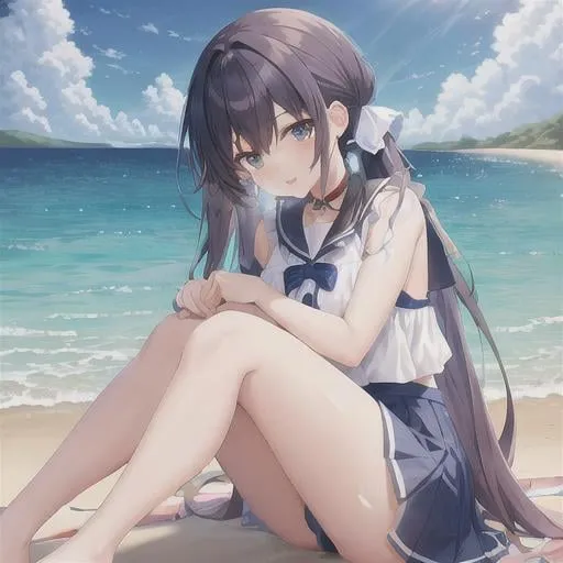 Prompt: Anime girl playing at the sea