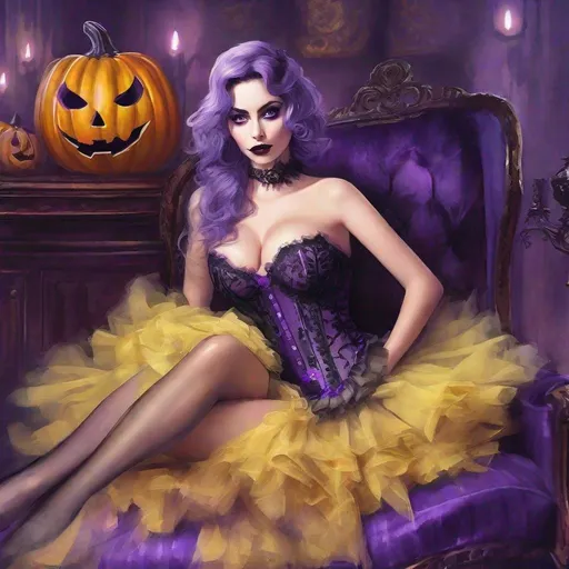 Prompt: Halloween, Autumn, burlesque, cat, evil, fog, goth, hyperdetailed, insanity,  monster, negligee,  corsets purple, Ana de Armas ,  ART BY Tim Burton, Unreal Engine, volumetric lighting, watercolor,  Yellow eyes, zombiecore