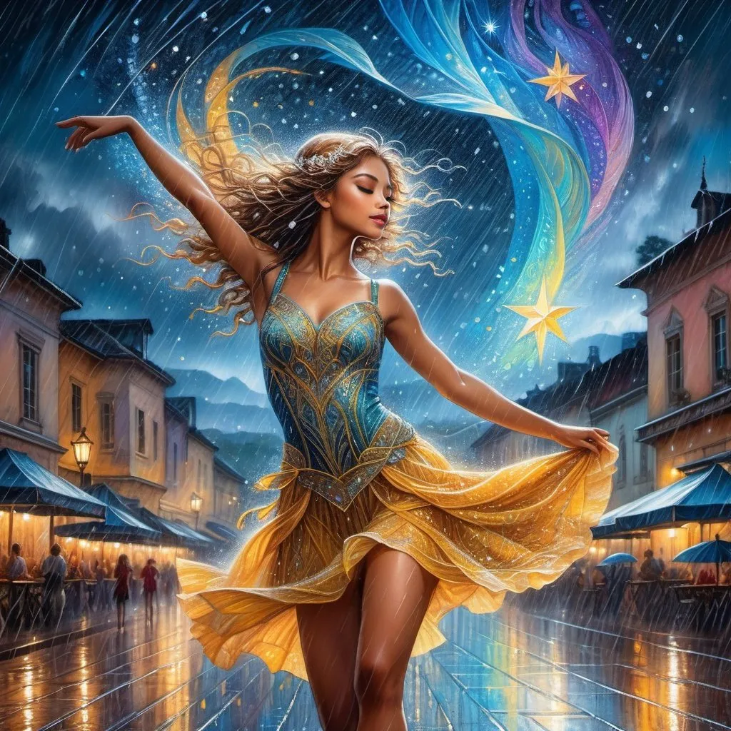 Prompt: A fearless Beautiful girl dancing in the rain . fantasy illustration, textured with large visible brush strokes, hypermaximalism, astral patterns, star lit sky, masterpiece, breathtaking intricate details, in the style of  -Griffith  Josephine Wall, Charlie Bowater