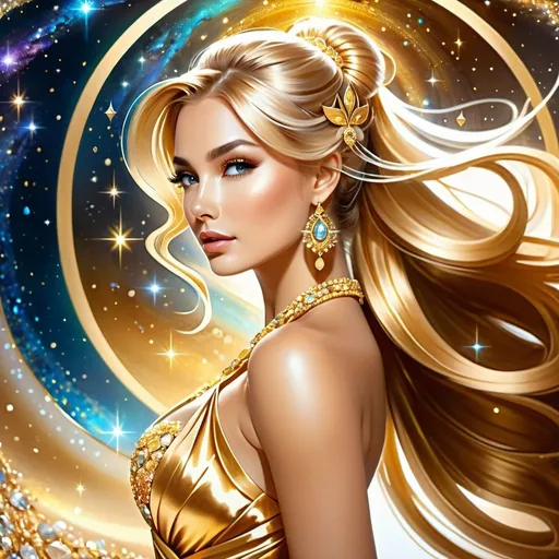 Prompt: Illustration: a woman with long golden hair tied in a ponytail that moves with the wind and a golden dress with precious stones portrait of a Cosmic Goddess, goddess of galaxies Goddess of space and time, A stunning portrait of a goddess., fantasy woman, karol bak uhd,