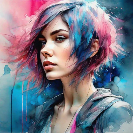 Prompt: Lady  neopunk, Short hair on one side with semi-long hair on the other, intense pink and blue, Digital watercolor Illustration, Style art by JB, Waterhouse, Carne Griffiths, Minjae Lee, Ana Paula Hoppe, Stylized watercolor art, Intricate, Complex contrast, HDR , Sharp, soft Cinematic Volumetric lighting,  pastel colors, wide long shot, perfect
