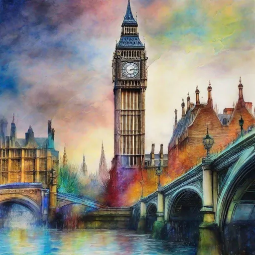 Prompt: View of Big Ben from the bank of the Thames, splashy Watercolour painting Art A.I by JB, Waterhouse, Josephine Wall, WLOP, chaotic cinematic pastel colours, perfect Wide long shot visual fractals masterpiece"