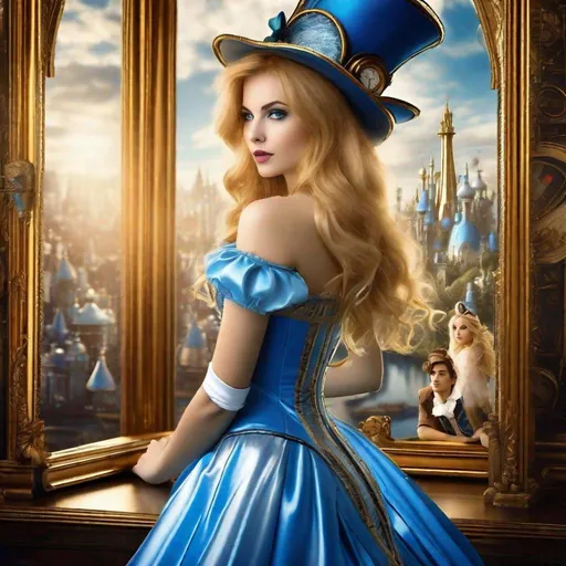 Prompt: Realistic photo: Alice (from Wonderland) is in front of a golden mirror, where you can see a futuristic city (steampunk). In the mirror she appears herself but dressed as the hatter (A very handsome boy) She with her blue and white dress and her beautiful golden hair she has a scarf in her hand, ((((ultra detailed, photorealistic, ultrarealistic, 32K, 18K, digital graphics, HD, HDR, UHDR ))))