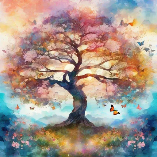 Prompt: Cosmic Tree of life Japanese blossom cubist Spiriling Double exposure wildflower meadow butterflies fairy tale Digital silhouette watercolor Illustration of a summerscape sunset, by JB, Waterhouse, Carne Griffiths, Minjae Lee, Ana Paula Hoppe, Stylized watercolor art, Intricate, Complex contrast, HDR, Sharp, soft Cinematic Volumetric lighting, flowery pastel colours, wide long shot, perfect masterpiece