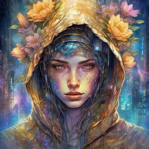 Prompt: Beautiful Digital hooded cyberpunk hacker watercolour, fantasycore Illustration, by Waterhouse, Josephine wall, Minjae Lee, Ana Paula Hoppe, Stylised watercolour art, Intricate, Complex contrast, HDR, Sharp, soft Cinematic Volumetric lighting, lush flowery pastel golden hour colours, wide long shot, perfect masterpiece