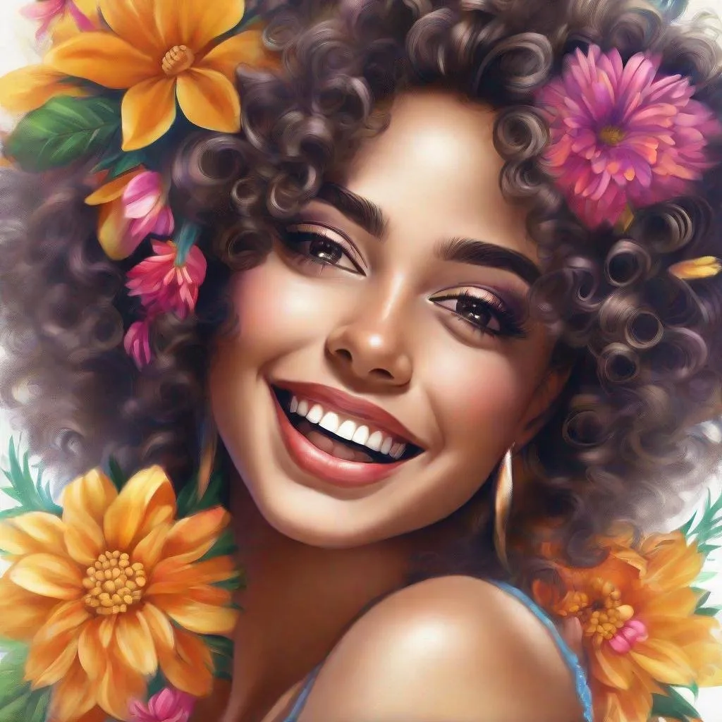 Prompt: airbrush illustration, a Latin woman, she has beautiful eyes, glamorous makeup, she has curly hair (afro coro) full of summer flowers growing inside her hair, she radiates a beautiful feeling of joy, party.