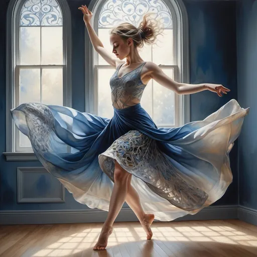 Prompt:  High quality, hyper-realistic, highly detailed yet artistic painting of a beautiful young woman dancing energetically in a loose filigree costume: in gradient from cream to indigo blue filigree that flows with movement; The light is reflected from an upper window creating a beautiful shadow on the floor. Slate gray backgroundAndroid Jones Anna Dittmann Flesh Griffiths