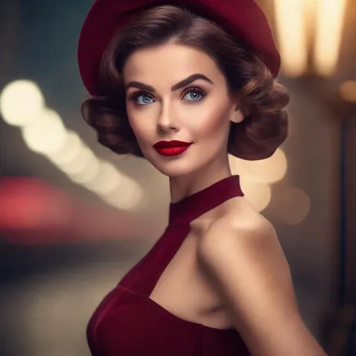Prompt: Photo from Hollywood End of the 50's Perfect eyes, detailed eyes, bright red lips, front face, frontal look, full pose, fantastic face, beautiful look, detailed elegant dress, maroon formal dress, elegant hair up, cute little hat, blurred gray tones background, ultra focus, illuminated face, detailed face, 8k resolution, artstation trend, 8k art photography, photorealistic concept art, smooth and perfect natural volumetric cinematic light, realistic and vivid colors, highly detailed,  Style art by Amy Brown,

