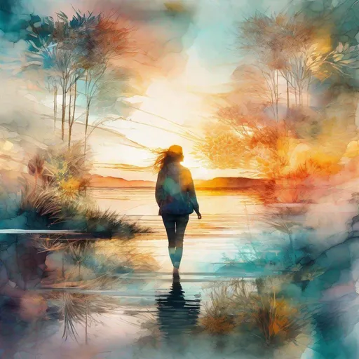 Prompt: "Double exposure reflected Digital watercolor Illustration of a summerscape sunset, by  Carne Griffiths,  Stylized watercolor art, Intricate, Complex contrast, HDR, Sharp, soft Cinematic Volumetric lighting, flowery pastel colours, wide long shot, perfect masterpiece