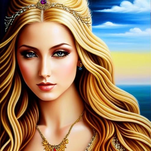 Prompt: Hyperrealism, Oil Painting,  , whole body,  image of a feminine elegant beautiful,  elven woman who has golden hair,  with a beautiful lace dress, lot of jewelry set, balayage wild hair, highly detailed,   by Anne Stokes